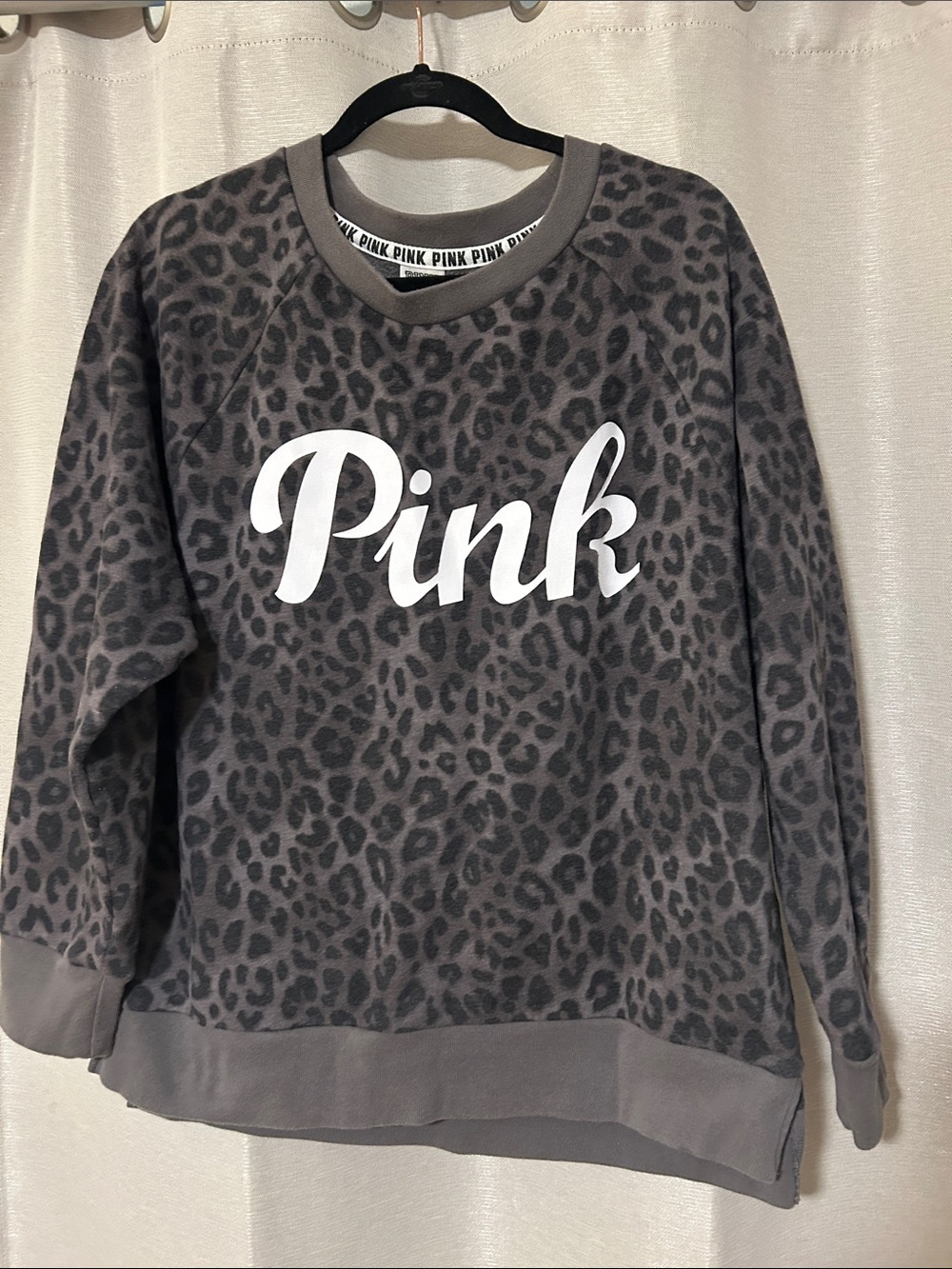 PINK Victoria's Secret Gray Leopard Print Crewneck Sweatshirt with White Logo
